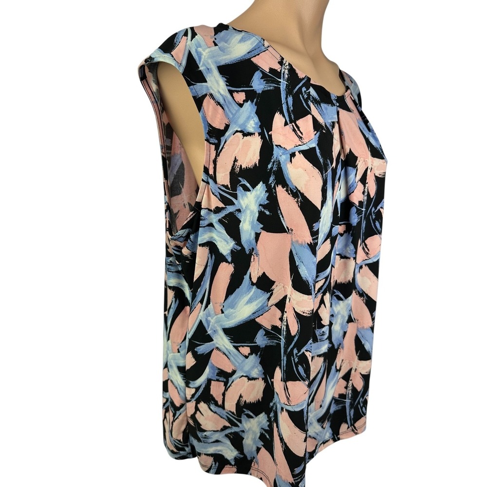 Kasper Size XL Pullover Blouse Black Blue Pink Abstract Sleeveless Poly/Elastane - Picture 4 of 5